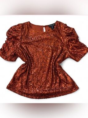 Rachel Zoe Copper Sequin Puff-Sleeve Top